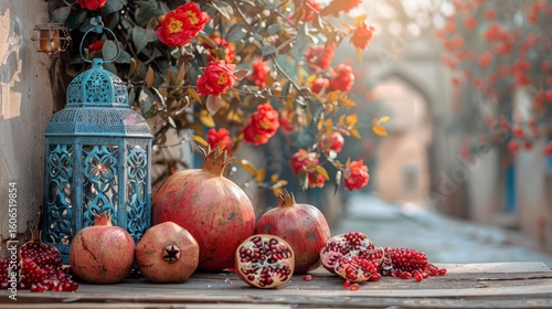 Ornate lantern, pomegranates, roses, and archway background create a warm, inviting ambiance
