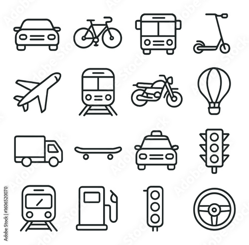 Vector icons of various transportation modes on grey background