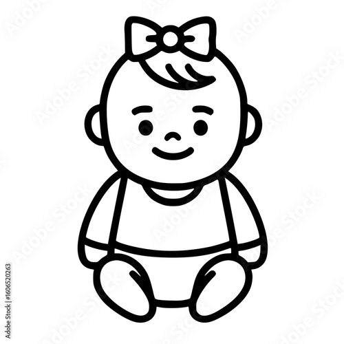 Cute baby girl doodle icon wearing bow in black and white vector