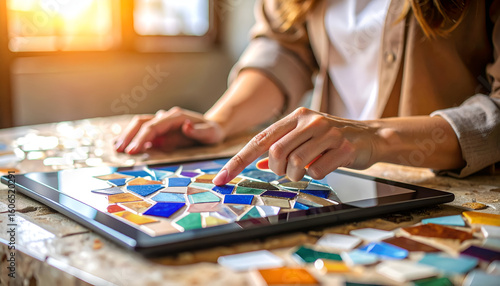 Close-Up of Mosaic Glass Pieces Being Stitched on Tablet Surface