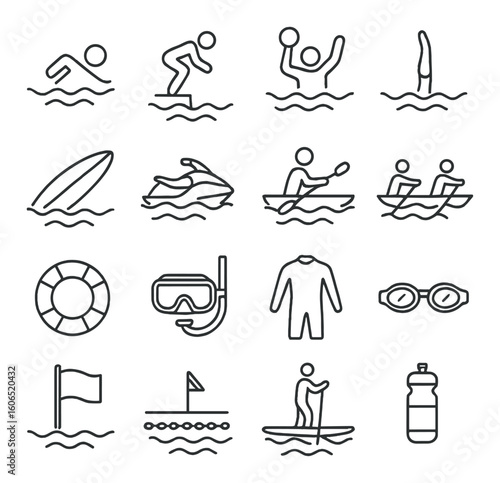 Water sports icons: swimming, diving, kayaking, and surfing symbols