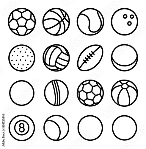 Collection of various sports balls in simple black line art design