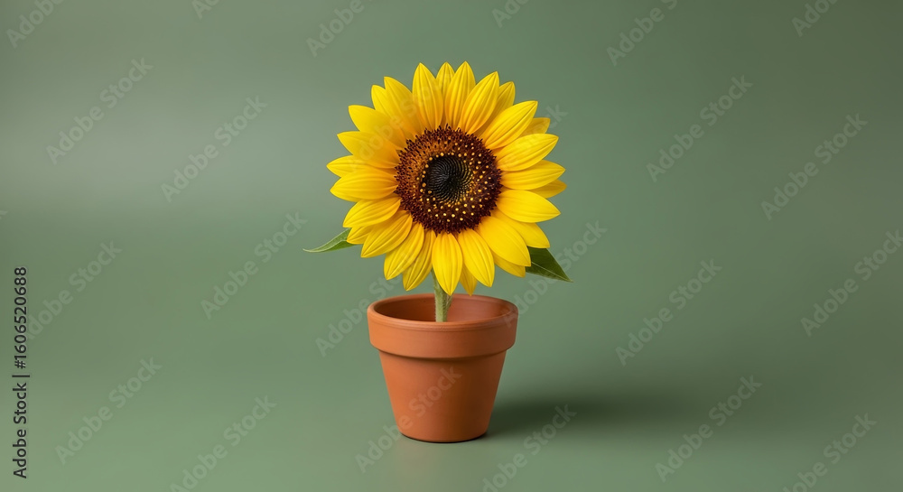 Obraz premium Brilliant Golden Sunflower in a Rustic Terracotta Pot Against Serene Green Backdrop, Symbolizing Natural Growth and Vitality