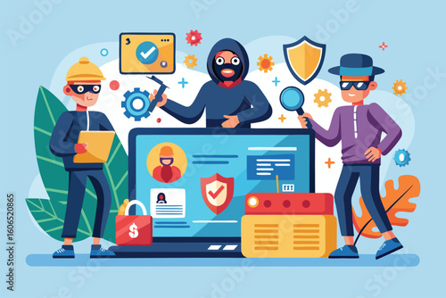 Cyber crime hackers orchestrate a coordinated attack, stealing sensitive data from unsuspecting victims online in a digital environment