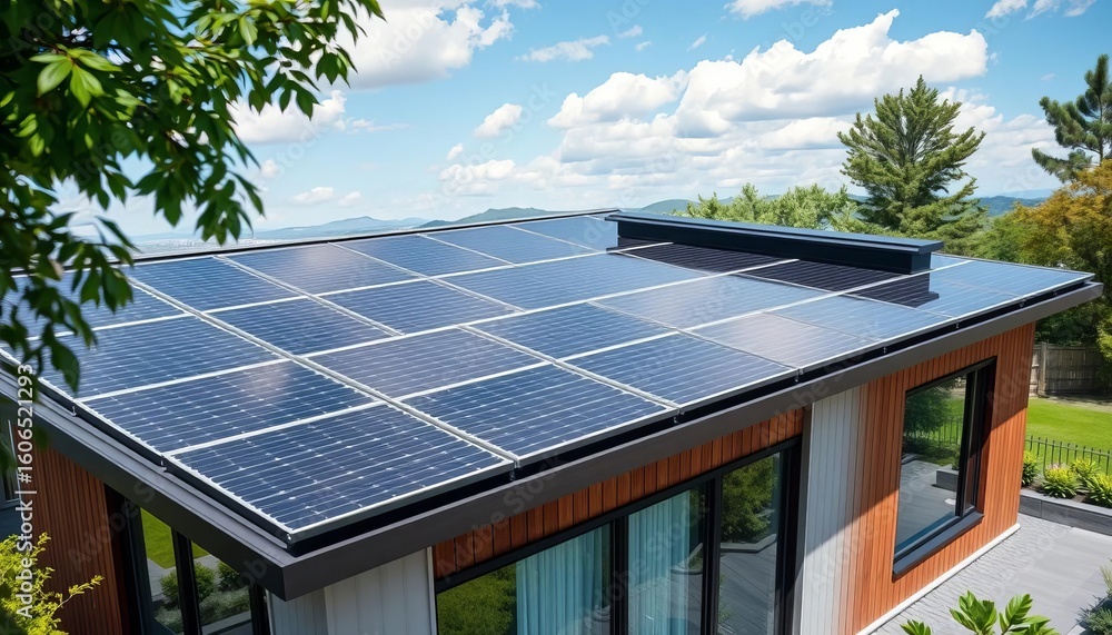 Fototapeta premium Sleek solar panels seamlessly integrated onto a modern, sustainable home's roof, house, home improvement