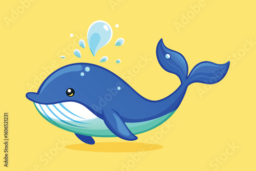 Cute blue whale illustration playfully spouting water while enjoying a sunny day with its friend against a bright yellow background