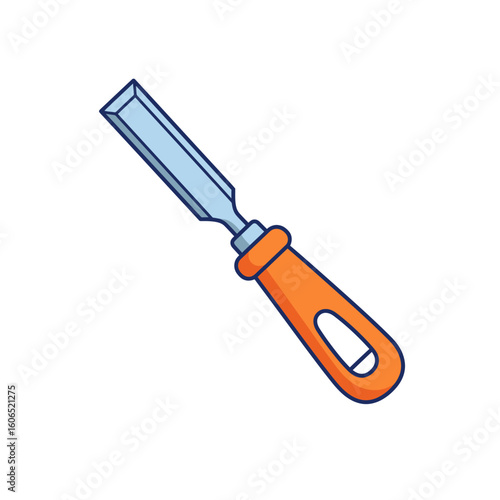 Flat wood chisel illustration with an ergonomic orange handle and a beveled steel blade.