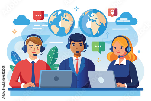 Customer service hotline operators assisting clients with inquiries from diverse locations around the world in a modern office environment