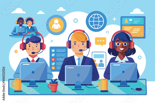 Customer service hotline operators assist clients from an office with vibrant graphics and technology in a supportive atmosphere during business hours