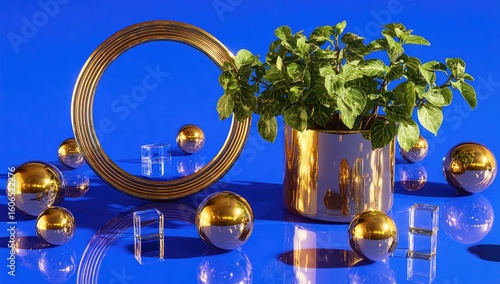 Wallpaper Mural Golden spheres and a plant in a copper pot on a vibrant blue surface. Torontodigital.ca