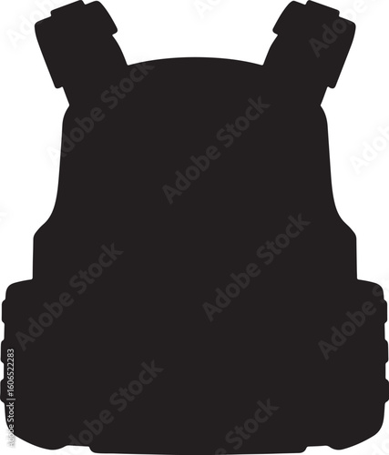 Simple black silhouette of a protective bulletproof vest, ideal for security-related graphics, law enforcement illustrations, or safety equipment designs, symbolizing defense and safety