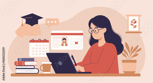 A young woman working on a laptop, surrounded by educational and organizational tools, suggesting online learning or remote work.