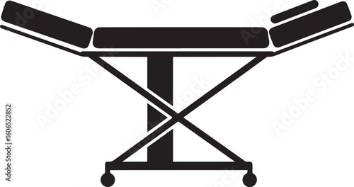 Medical treatment table silhouette with adjustable head and foot sections. Examination bed for healthcare, clinic, hospital, or therapy concepts and graphic design
