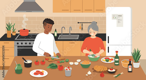 A young man chops vegetables while an older woman mixes ingredients in a bowl in a bright, modern kitchen setting.