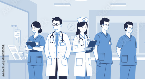 A team of medical professionals, including doctors and nurses, stand in a hospital setting with equipment and a monitor visible.