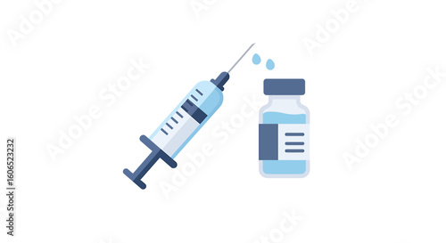Syringe filled with vaccine ready for injection, next to a vial.