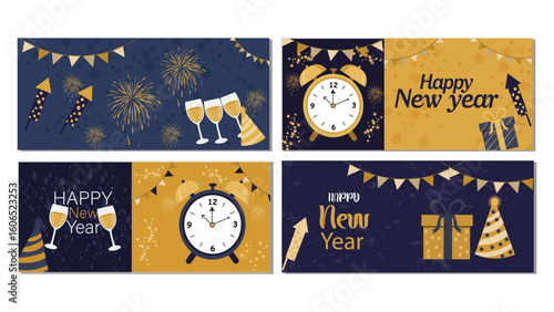 Four Festive Happy New Year Banner Illustrations with Fireworks and Clocks