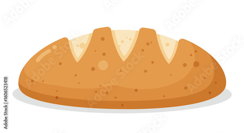 A freshly baked loaf of bread, golden brown crust, three scored lines.