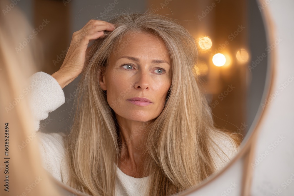 Fototapeta premium A Middle-Aged Woman Runs Her Fingers Through Her Long Blonde Hair, Looking in a Mirror - Hair Care and Self-Reflection.