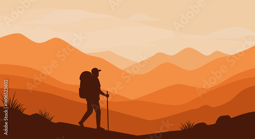 Silhouette of a hiker with a backpack and walking stick trekking through a mountainous landscape at sunset.