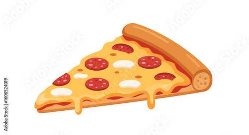 A delicious slice of pepperoni pizza with melted cheese, dripping sauce, and sausage crust.