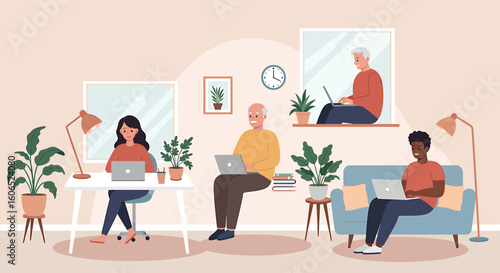 Diverse group remotely works from home using laptops, comfortably situated in various areas of a home office.