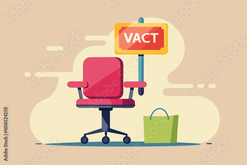Office chair with vacant sign and green bag showcased in minimalist interior design setting emphasizing availability and comfort