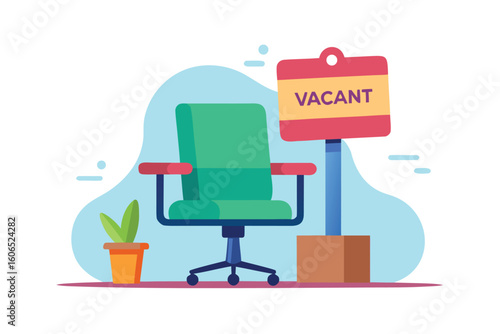 Colorful office chair next to vacant sign with plant in a modern workspace environment