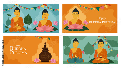 Four Peaceful Happy Buddha Purnima Illustrations with Meditation and Festive Bunting