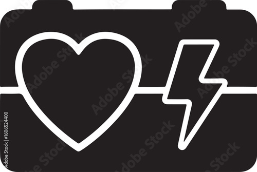 Black automated external defibrillator (AED) icon with heart and lightning bolt, symbolizing emergency medical equipment, cardiac rescue, and life-saving technology