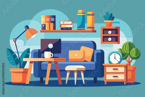 Functional and stylish workspace arrangement featuring furniture for productivity and comfort in a cozy environment
