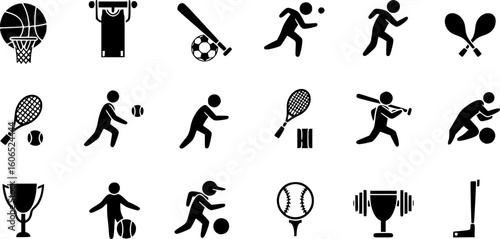 sports icons, glyph style, isolated on black background

