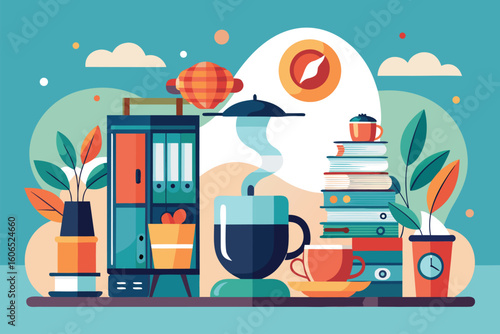 Cozy coffee break at home with a blend of office essentials and relaxation elements for a productive workday