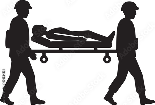 A black silhouette illustration depicting two soldiers carrying an injured person on a stretcher or gurney, symbolizing rescue, military aid, or emergency transport