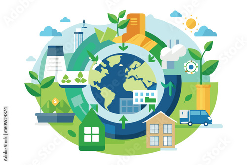 Circular economy concept illustrated with diverse recycling practices, highlighting sustainability and environmental care for urban and rural settings