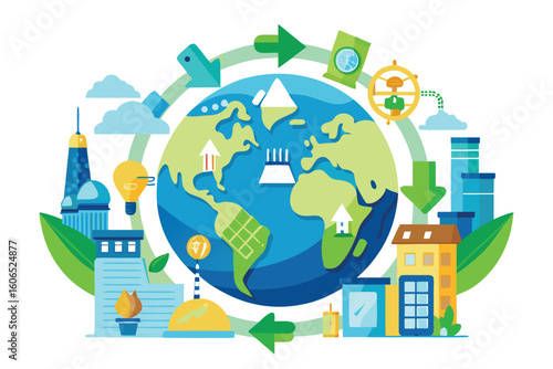 Circular economy principles visualized through recycling practices showcasing sustainability and environmental responsibility around the globe