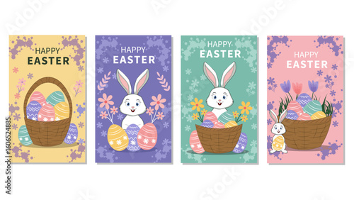 Four Joyful  Happy Easter  Illustrations with Bunnies and Decorated Eggs