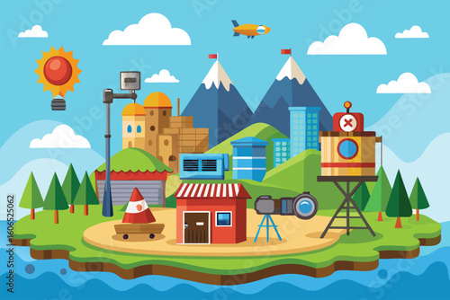 Cartoon vector illustration of an isolated island with vibrant scenery featuring mountains, a sun, various structures, and whimsical objects