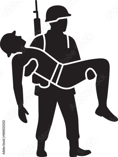 Monochromatic vector illustration depicting a soldier carrying an injured person, ideal for concepts of military rescue, battlefield aid, heroism, and wartime assistance in a stark, impactful style