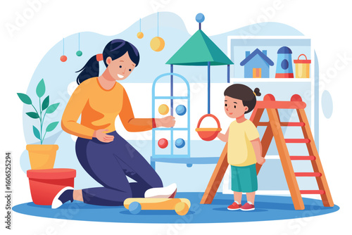 Childcare at home illustration showing a mother assisting her young child with playtime activities in a cozy indoor setting