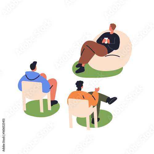 Man sitting on beanbag chair, seat outdoors on grass. Male characters relaxin...