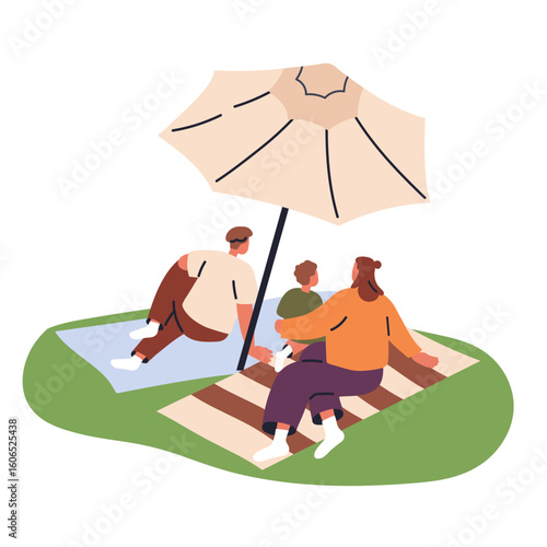 Family with kid relaxing outdoors on blankets on grass on summer holiday. Parent with child at weekend leisure in park under umbrella, parasol. Flat vector illustration isolated on white background