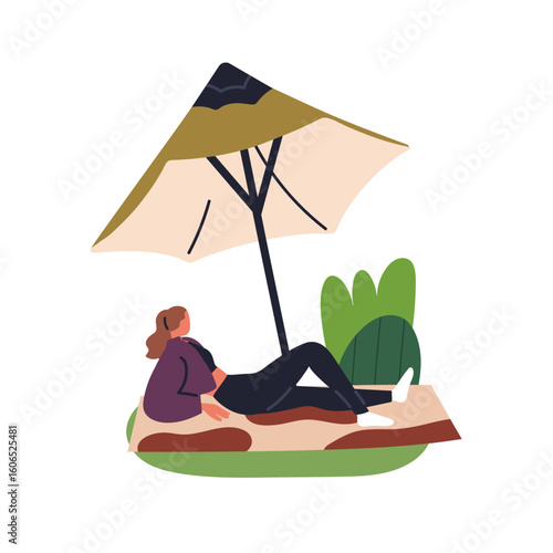 Woman lying under parasol. Female resting in nature, park, enjoying summer holiday, chilling, relaxing on blanket under umbrella, outdoor leisure. Flat vector illustration isolated on white background