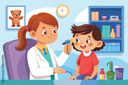 Child undergoing examination at ENT clinic with a doctor using an otoscope for a routine checkup