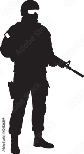 Tactical soldier in full gear holding a rifle, depicted as a black silhouette, symbolizing military, police, security, and special forces operations