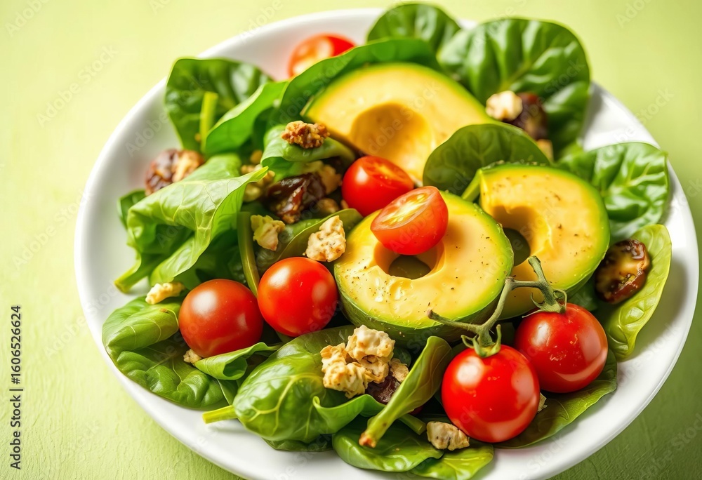 Vibrant fresh spinach salad with ripe avocado & cherry tomatoes, diet food, healthy lifestyle Vibrant fresh spinach salad with ripe avocado & cherry tomatoes, diet food, healthy lifestyle