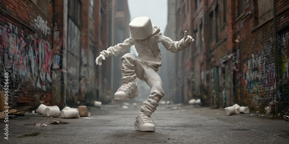 Fototapeta premium A whimsical marshmallow character dances through a graffitifilled alleyway, bringing a touch of sweetness to the urban landscape