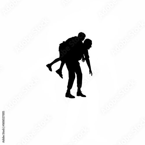 Silhouette of person carrying another on back in emergency on white background