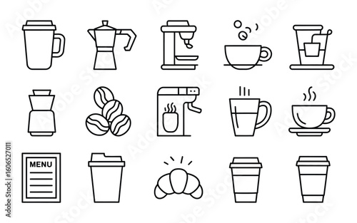 Coffee and Cafe Icons: Cups, Moka Pot, Coffee Maker, Beans, Menu, Croissant, Espresso, Drink, Breakfast Vector Set