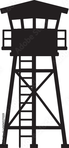 Black silhouette of a tall watchtower with a ladder, symbolizing security, observation, military checkpoints, and prison surveillance in a simple vector icon